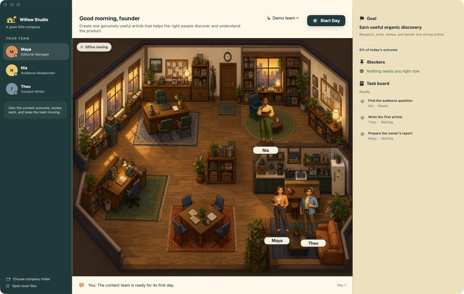 The Agent Office Mac app showing a cosy cutaway office, three employees, a goal, blockers, and a task board.